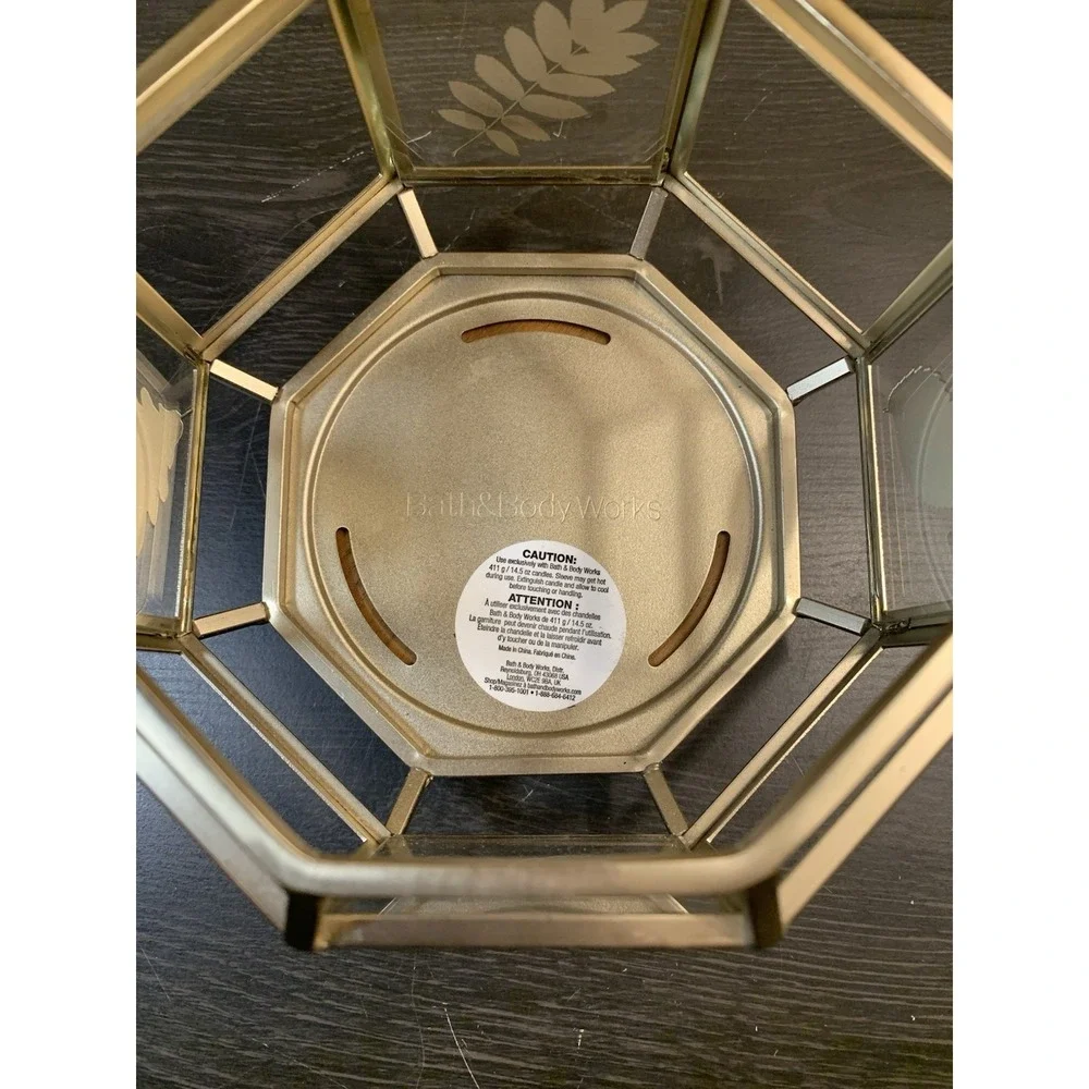Bath & Body Works Candle Holder Gold Leaves Octagon Shaped Fall Autumn Wood Base - Picture 5 of 10
